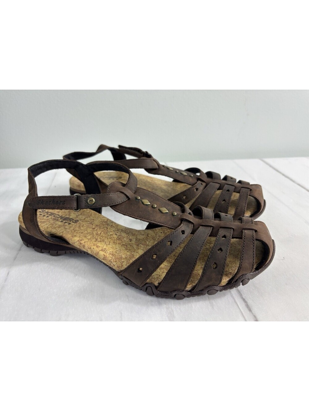 Skechers Gladiator Boho Chic Sandals Sz 8 Brown Leather Cork Texture Footbed
